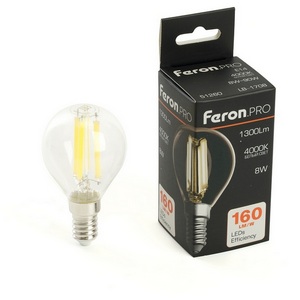 Изображение товара Лампа светодиодная филамент G45 шар 8W 175-265V E14 4000К Feron LB-1708 51260