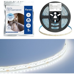 Изображение товара Светодиодная LED лента 180SMD(2835)/м 16Вт/м 24V 5000*10*2.3мм 6000К IP65 Feron LS512 51827