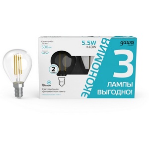 Изображение товара Лампочка светодиодная филаментная E14 5,5W (3 лампы в упаковке) Gauss 1051126T