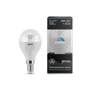 Изображение товара Лампочка светодиодная груша E14 6W 4100K 540lm Gauss Globe Crystal Clear 105201206-D