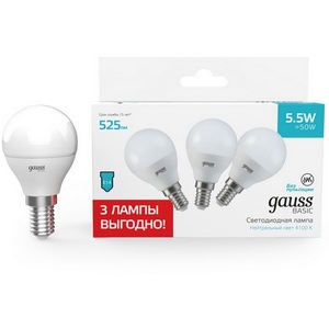 Изображение товара Лампочка светодиодная E14 5,5W (3 лампы в упаковке) Gauss 10531252T