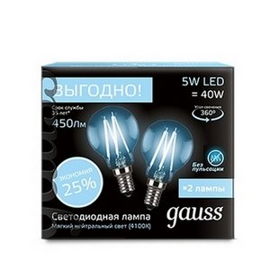 Изображение товара Лампочка E14 5W 4100К 2/100 (2 лампы в упаковке) Gauss Filament 105801205P