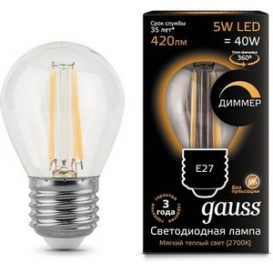 Изображение товара Лампочка E27 5W 2700K 1/10/50 Gauss Filament 105802105-D