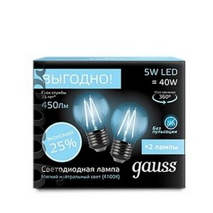 Изображение товара Лампочка E27 5W 4100К 2/100 (2 лампы в упаковке) Gauss Filament 105802205P