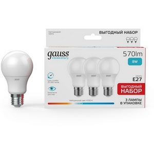 Изображение товара Лампочка светодиодная E27 8W (3 лампы в упаковке) Gauss 23228P
