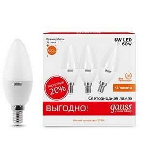 Изображение товара Лампочка светодиодная 6W E14 2700K 1/40 (3 лампы в упаковке) Gauss Elementary Candle 33116T