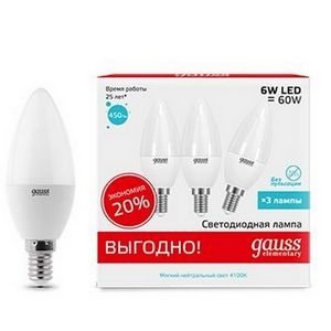 Изображение товара Лампочка светодиодная 6W E14 4100K 1/40 (3 лампы в упаковке) Gauss Elementary Candle 33126T