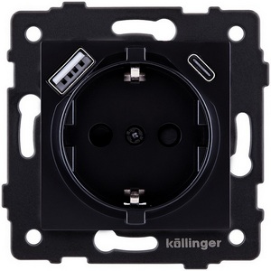 Изображение товара Розетка штепсельная SCHUKO 16A/250 В с USB A+C 20W, черный Kollinger REA-004BK для Aspekt, Eleganz, Reflex