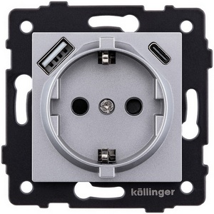 Изображение товара Розетка штепсельная SCHUKO 16A/250 В с USB A+C 20W, серый Kollinger REA-004GY для Aspekt, Eleganz, Reflex
