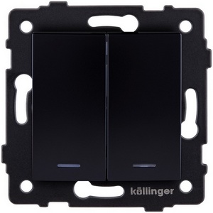 Изображение товара Выключатель 2-клавишный проходной 10А/250В с LED подсветкой, изогнутый, черный Kollinger REA-R-010BK для Aspekt, Eleganz, Reflex