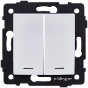 Изображение товара Выключатель 2-клавишный проходной 10А/250В с LED подсветкой, изогнутый, белый Kollinger REA-R-010WH для Aspekt, Eleganz, Reflex