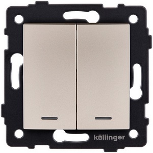 Изображение товара Выключатель кнопочный 2-клавишный 10А/250В с LED подсветкой, изогнутый, золотой Kollinger REA-R-014GD для Aspekt, Eleganz, Reflex