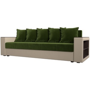 Изображение товара Диван прямой Дубай лайт полки справа (основа микровельвет зеленый, компаньон экокожа бежевая) Лига Диванов 114327