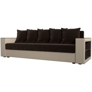 Изображение товара Диван прямой Дубай лайт полки справа (основа микровельвет коричневый, компаньон экокожа бежевая) Лига Диванов 114328