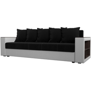 Изображение товара Диван прямой Дубай лайт полки справа (основа микровельвет черный, компаньон экокожа белая) Лига Диванов 114330