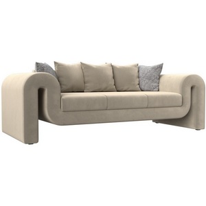 Изображение товара Прямой диван Волна (микровельвет бежевый, подушки 3 микровельвет бежевый, 2 велюр серый с узором) Лига Диванов 115618