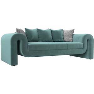 Изображение товара Прямой диван Волна (велюр бирюзовый, подушки 3 велюр бирюзовый, 2 велюр серый с узором) Лига Диванов 115629