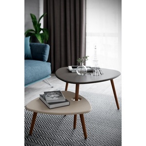 Изображение товара Стол журнальный Стилгрей серый лен/бежевый лен/дуб светлый Mebelik (треугольная столешница, 3 ножки)