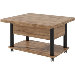 Изображение товара Стол-трансформер с полкой на колесах подъемно-раскладной (раскрытая книга) ГЗМИ Дебют 3, Дуб вотан/Ножки чёрные (прямоугольная столешница, 4 ножки)