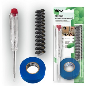 Изображение товара Электромонтажный набор: отвертка индикатор напряжения, клемма винтовая, изолента duwi 26000 4