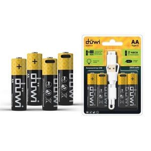 Изображение товара Аккумулятор Duwi 62011 2 USB-C Li-Ion AA 1.5V, 1800 мАч, 4 шт. + кабель для зарядки