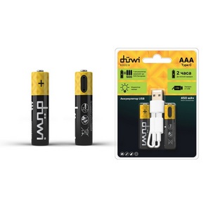 Изображение товара Аккумулятор Duwi 62012 9 USB-C Li-Ion AАA 1.5V, 450 мАч, 2 шт. + кабель для зарядки