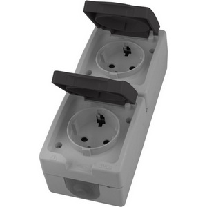 Изображение товара Розетка накладная двойная с заземлением и защитной крышкой (серый,графит) IP54 Stekker Велена 49724