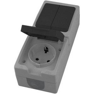 Изображение товара Розетка накладная с заземлением с двухклавишным выключателем (серый, графит) IP54 Stekker Велена 49726
