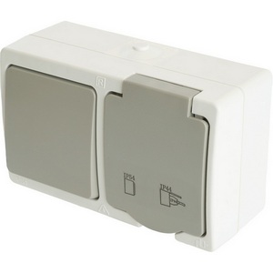 Изображение товара Розетка накладная с заземлением с одноклавишным выключателем (белый, серый) IP54 Stekker Велена 49725