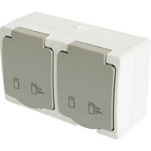 Изображение товара Розетка накладная двойная с заземлением и защитной крышкой (белый,серый) IP54 Stekker Велена 49730