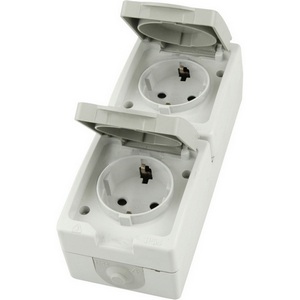 Изображение товара Розетка накладная двойная с заземлением и защитной крышкой (белый,серый) IP54 Stekker Велена 49737