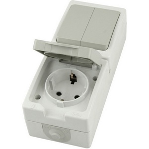 Изображение товара Розетка накладная с заземлением с двухклавишным выключателем (белый, серый) IP54 Stekker Велена 49726