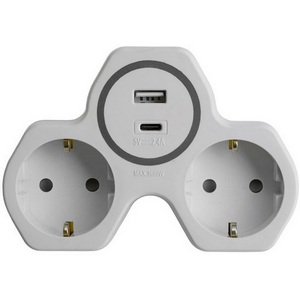 Изображение товара Разветвитель сетевой 2-х местный с заземлением с USB+Type C (белый, серый) Stekker 50071