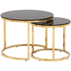 Изображение товара Набор журнальных столиков Селена 60 и 45 см стекло черный мрамор сталь золото (круглая столешница, О-образная опора)