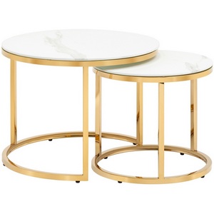 Изображение товара Набор журнальных столиков Селена 60 и 45 см стекло белый мрамор сталь золото (круглая столешница, О-образная опора)