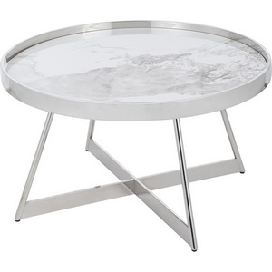 Изображение товара Журнальный столик Гера 80*80см белая керамика сталь серебро (круглая столешница, X-образная опора)