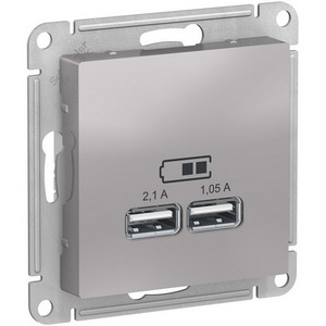 Изображение товара Розетка встраиваемая USBх2 (алюминий) Systeme Electric AtlasDesign ATN000333