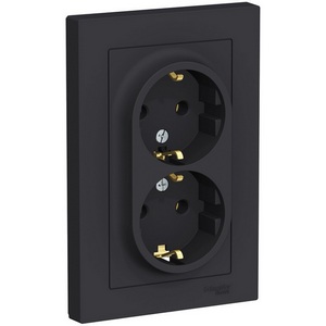 Изображение товара Розетка встраиваемая двойная с заземлением (карбон) Systeme Electric AtlasDesign ATN001024