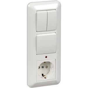 Изображение товара Розетка встраиваемая с заземлением с одноклавишным и двухклавишным выключателем (белый) Systeme Electric Prima BK2VR-008A-B