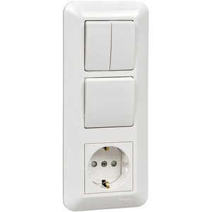 Изображение товара Розетка встраиваемая с заземлением с одноклавишным и двухклавишным выключателем (белый) Systeme Electric Prima BK2VR-008A-BI