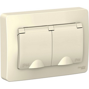 Изображение товара Розетка встраиваемая двойная с заземлением, шторками и крышкой (молочный) IP44 Systeme Electric Blanca BLNRS441122