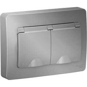 Изображение товара Розетка встраиваемая двойная с заземлением, шторками и крышкой (алюминий) IP44 Systeme Electric Blanca BLNRS441123