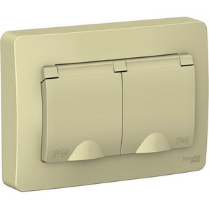 Изображение товара Розетка встраиваемая двойная с заземлением, шторками и крышкой (бежевый) IP44 Systeme Electric Blanca BLNRS441127