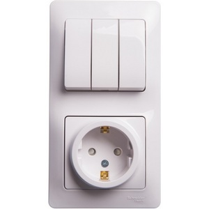 Изображение товара Розетка встраиваемая с заземлением с трехклавишным выключателем с подсветкой (белый) Systeme Electric Glossa GSL000178