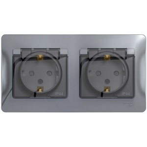 Изображение товара Розетка встраиваемая двойная с заземлением, шторками и крышкой (алюминий) IP44 Systeme Electric Glossa GSL000347