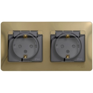 Изображение товара Розетка встраиваемая двойная с заземлением, шторками и крышкой (титан) IP44 Systeme Electric Glossa GSL000447