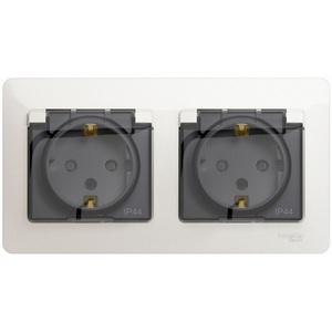 Изображение товара Розетка встраиваемая двойная с заземлением, шторками и крышкой (перламутровый) IP44 Systeme Electric Glossa GSL000647