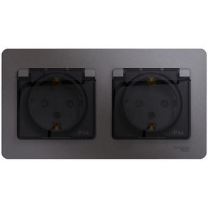 Изображение товара Розетка встраиваемая двойная с заземлением, шторками и крышкой (графит) IP44 Systeme Electric Glossa GSL001347
