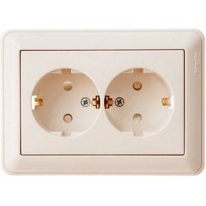 Изображение товара Розетка встраиваемая двойная с заземлением и шторками (слоновая кость) Systeme Electric RS16-255-28