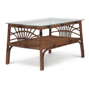 Изображение товара Столик кофейный с полкой Kavanto коричневый античный/Brown (натуральный ротанг) 9941 (прямоугольная столешница, 4 ножки)